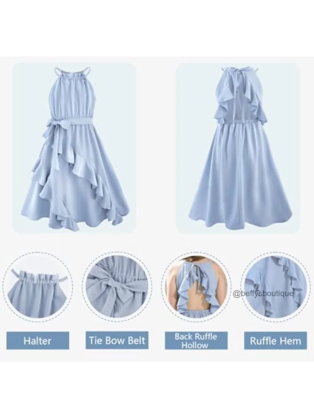 Girls Chiffon Halter Tie Back Tiered Ruffle A-Line Flowy Midi Sundress